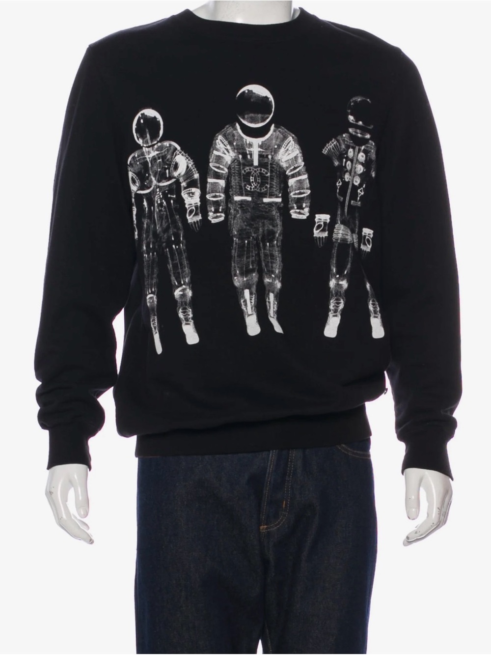 CHANEL Unisex Black Crewneck Sweater with White Astronaut Graphic